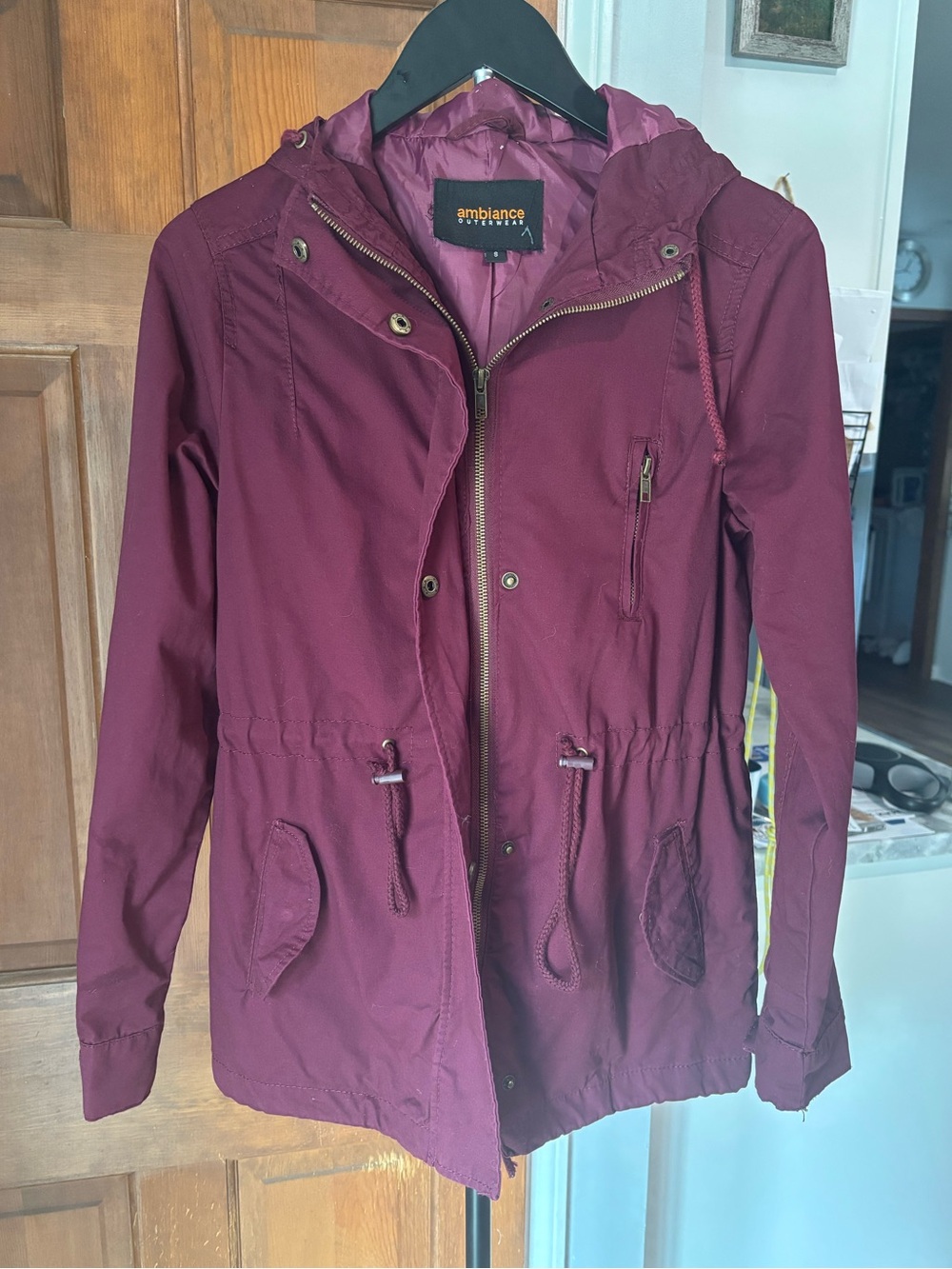 Ambiance Outerwear Adjustable Maroon Hooded Utility Jacket Fall Women’s Small